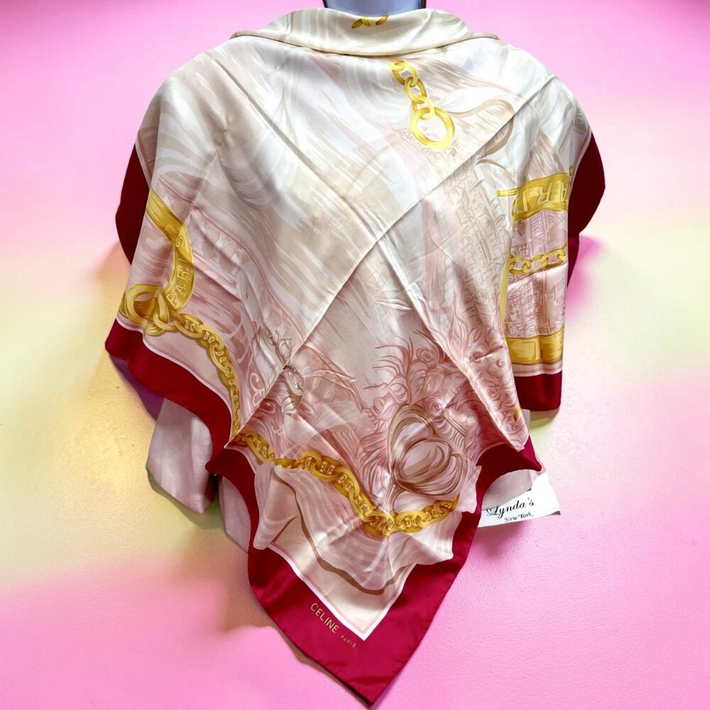 Celine Paris 100% Silk Scarf Satin Latge 34" x34 Red beich peach pink gold (35)